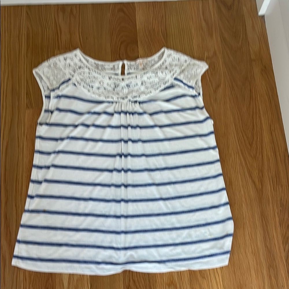 Skies Are Blue White and Blue Sleeveless Pleated Blouse with lace at top!